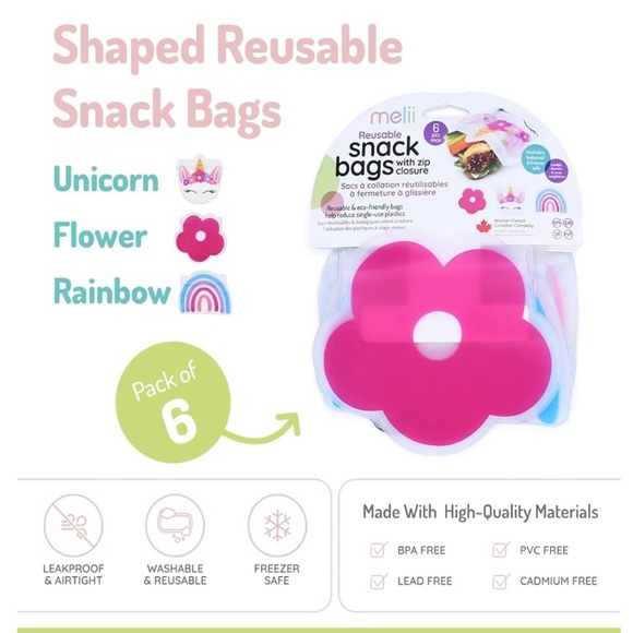 melii Unicorn, Rainbow & Flower shaped reusable snack bags, pack of 6 bags - Picture 2 of 5